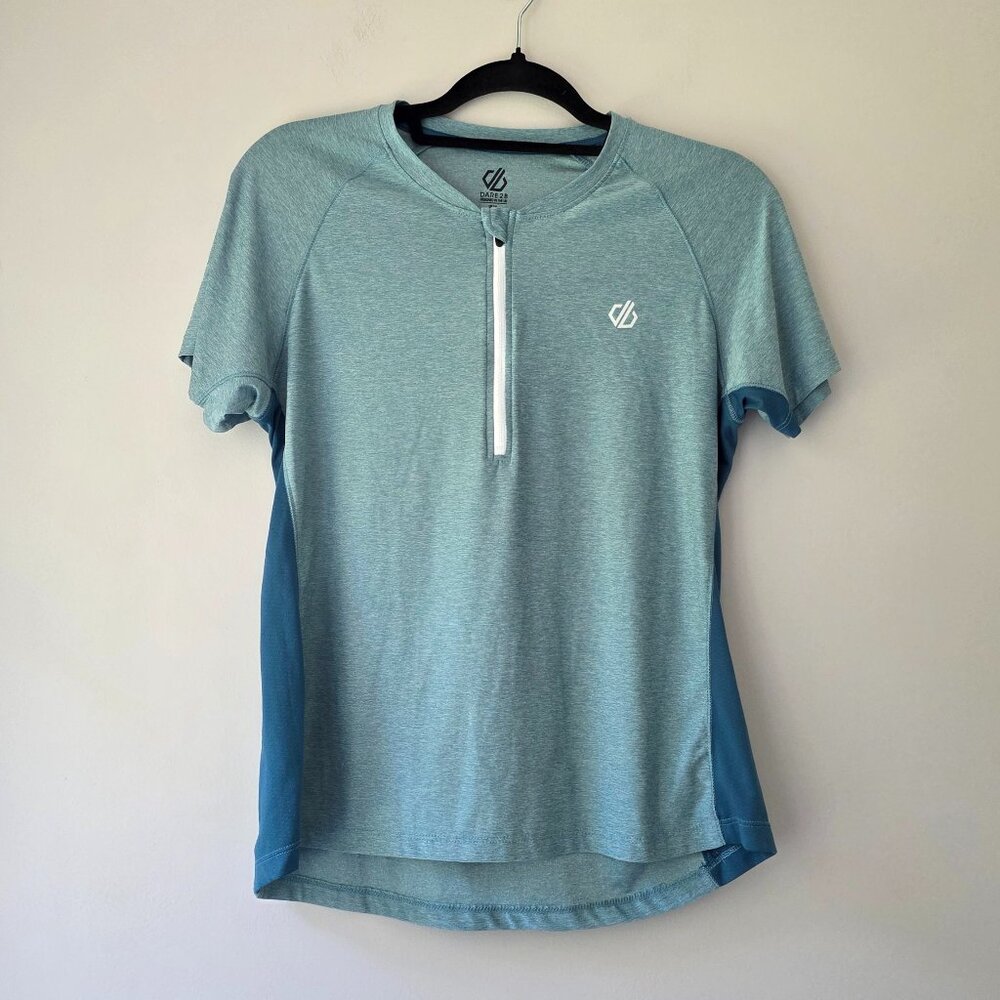 DARE2B Short Sleeve Cycling Jersey | US Large 10 | Round Neck 1/4 Zip Green Blue
